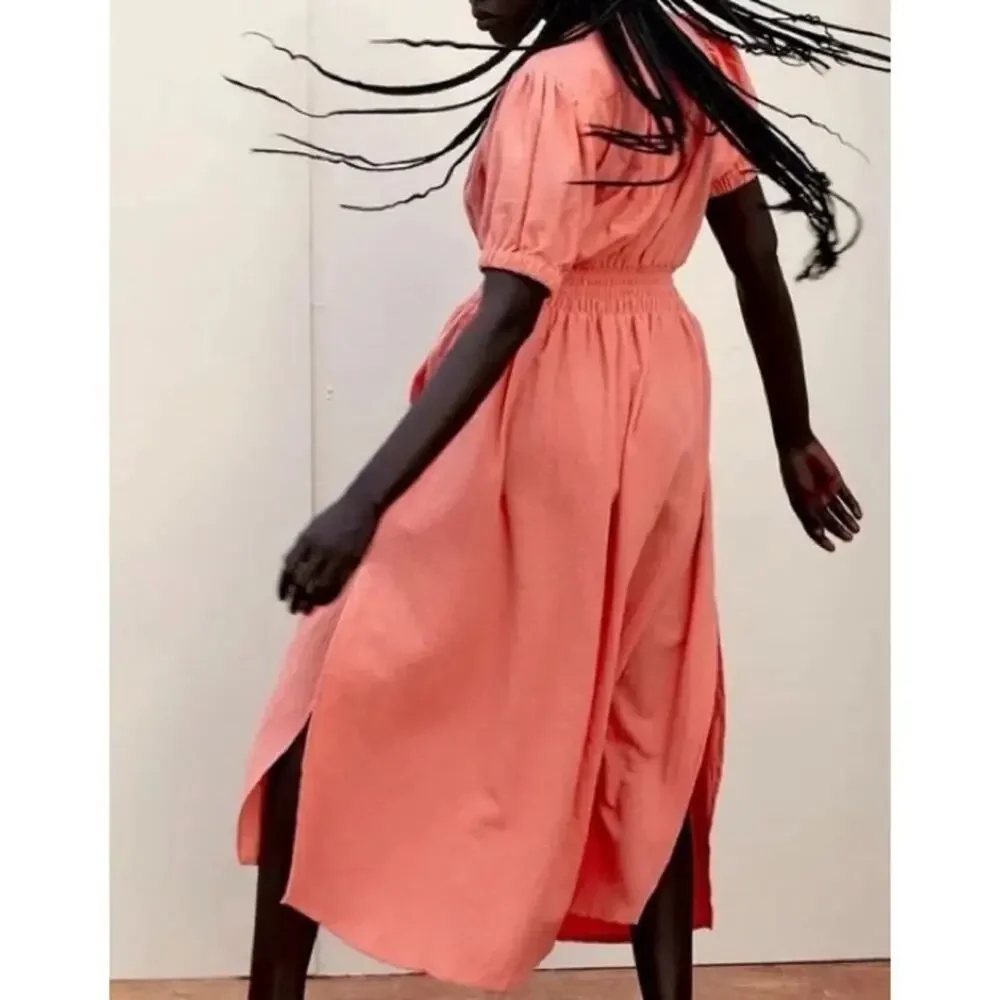 Anthropologie Rue Stiic Opal Linen Midi Sundress Cottagecore Salmon Pink X-Small
